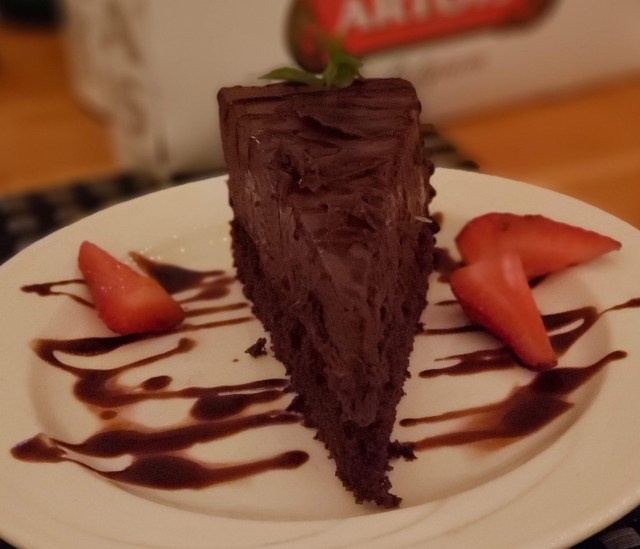 A plate with chocolate mousse cake