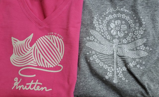 Two t-shirt graphics, one a cat that looks like it’s made from a ball of yard, one a dragonfly with tiny flowers around it