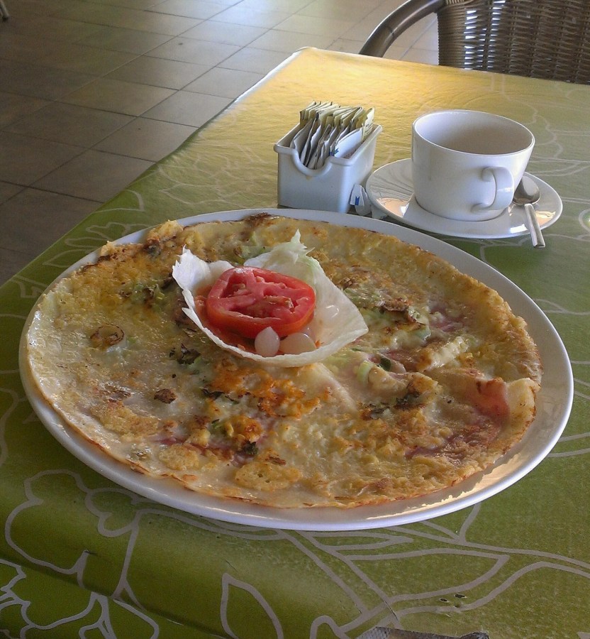 Shot of a ham & cheese dutch pancake breakfast
