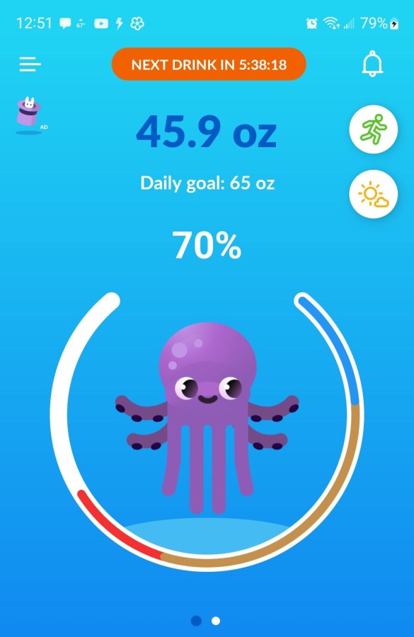 Screenshot of Waterful app with an illustrated octopus and a chart showing water drinking progress