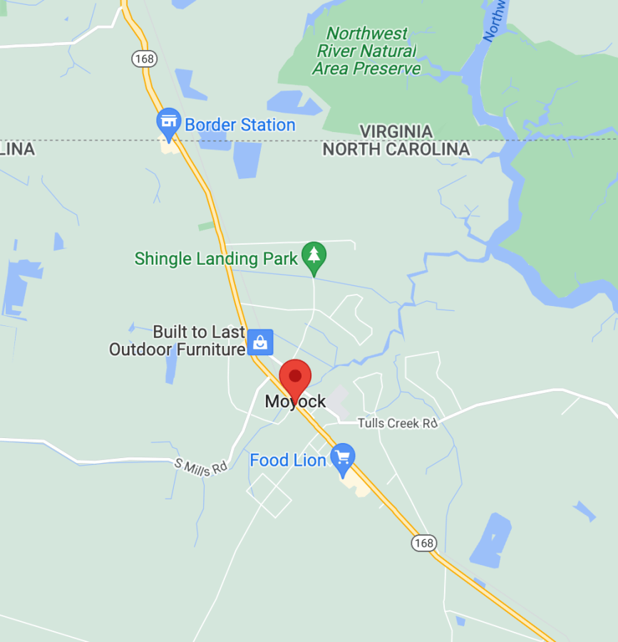 Screenshot of Google Maps centering Moyock, North Carolina, south of the VA/NC border on state route 168