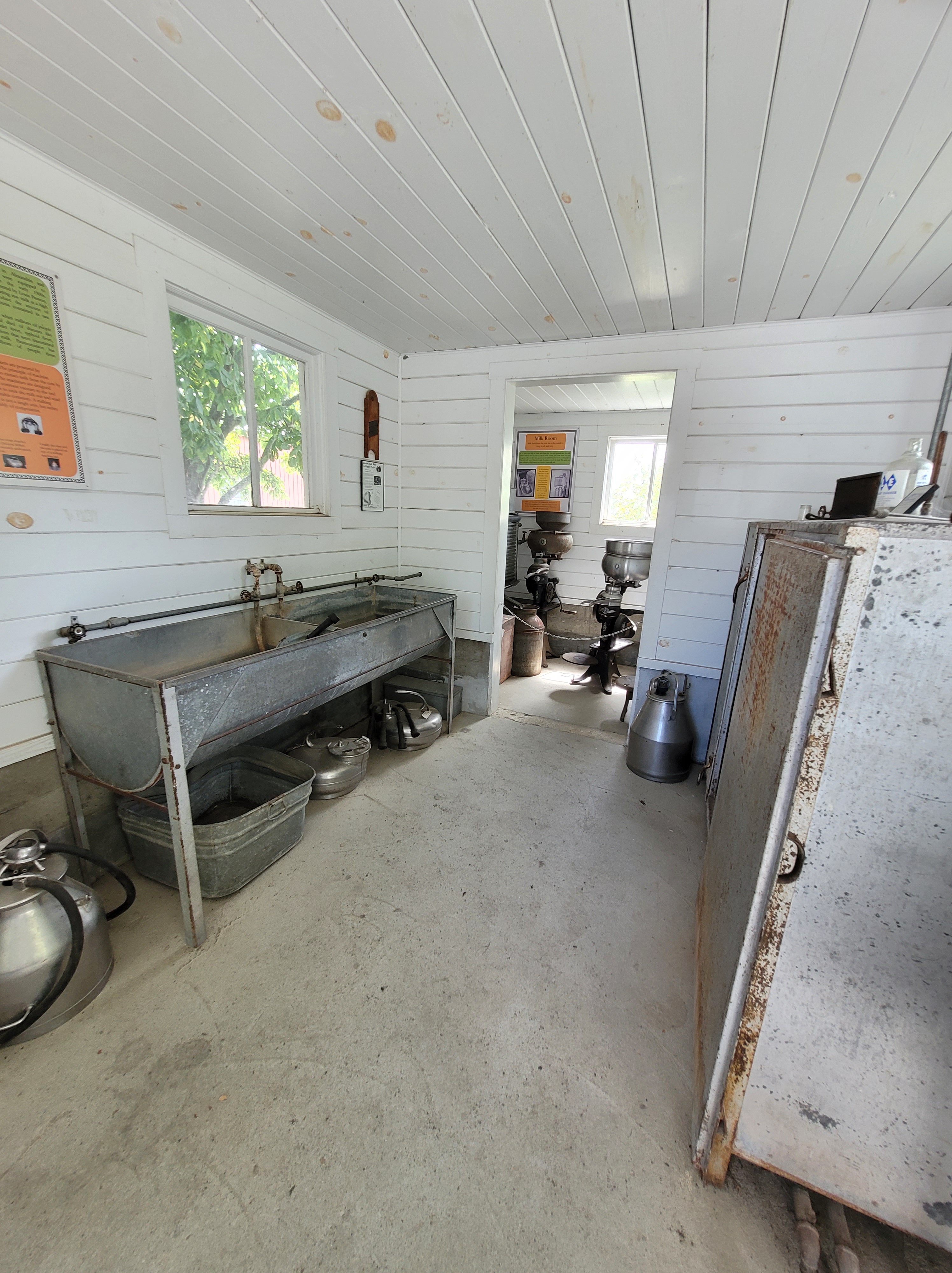 Interior shot of the milk room with very old steel sinks and milk jugs