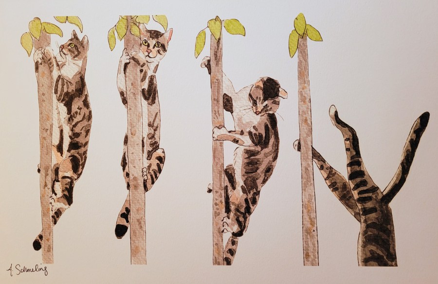 A print with a series of four cats, the first with the cat on a tree, then looking forward, then looking down, and finally jumping off
