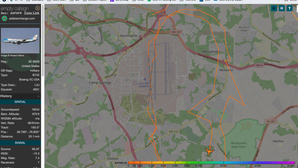 Screenshot from ADS-B Exchange showing a Boeing VC-25A flying in loops around Joint Base Andrews