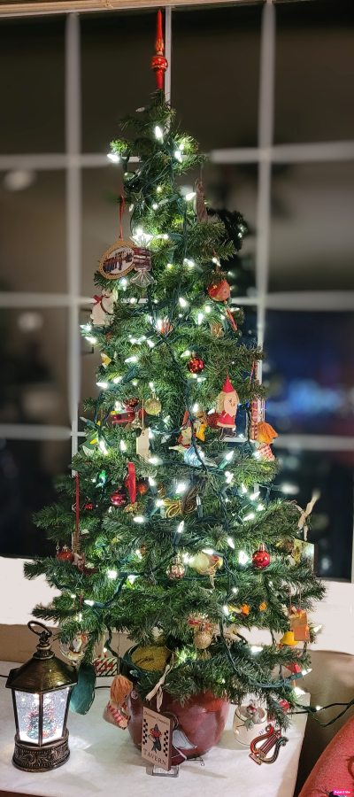 A small decorated Christmas tree in front of a dark window