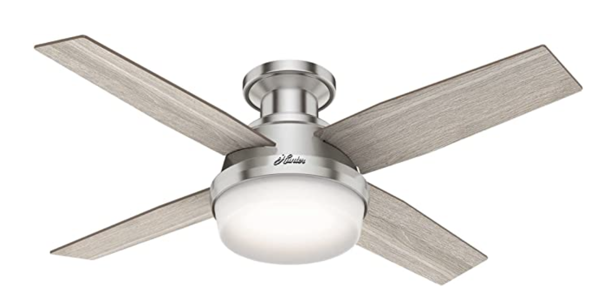 Ceiling fan with brushed nickel hardware and grey oak blades
