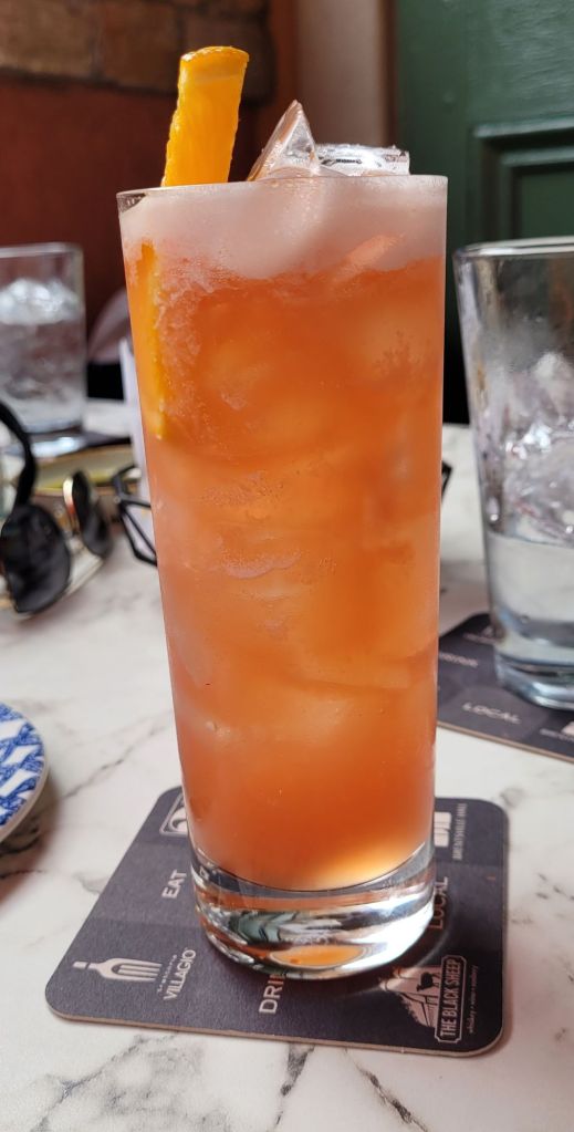 A fancy fruity orange drink in a highball glass.