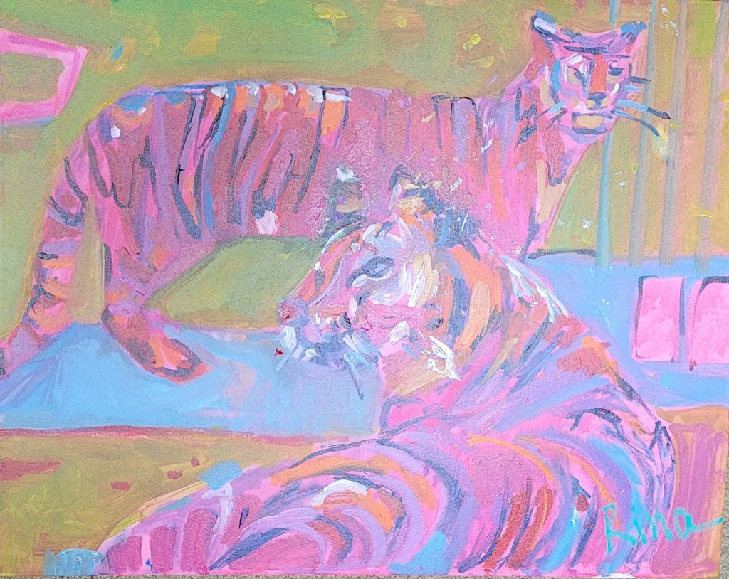 An extremely vibrant painting of two pink tigers, one laying down in the foreground with its back to the viewer, looking to its left, and the other standing behind it, looking forward at the viewer, with a green and blue background.